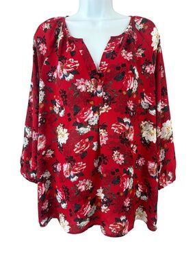 Violet + Claire Red Floral Split V-Neck Popover Top